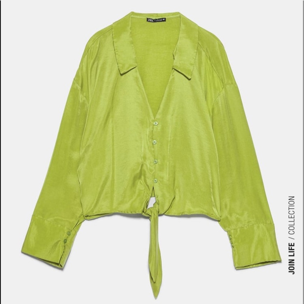 Zara Pistachio Green Tie Shirt Blouse